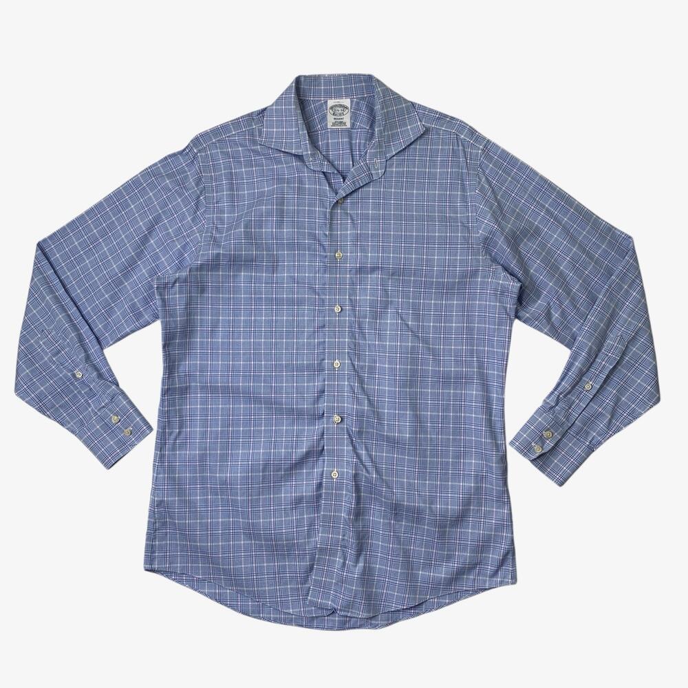 Brooks Brothers Shirt Mens 15.5 Blue Regent Fit Non Iron Plaid Button Down Dress